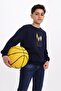 سويت شيرت رجالي باللون الأزرق الداكن من Relaxed Fit Crew Neck مطبوع - 2 Thread - 2