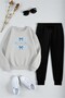 Unisex Ribbon Design Printed Crew Neck Sweatshirt 2-Piece Tracksuit Set