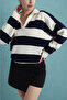 Polo Neck Beige Navy Blue Striped Knit Sweater - 3