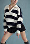 Polo Neck Beige Navy Blue Striped Knit Sweater