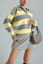 Polo Neck Gray Yellow Striped Knit Sweater - 3