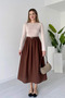 Women's Brown Crew Neck Belt Detailed Combination Dress