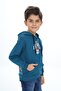 Petrol Blue Boys' Relax Fit Hooded Pocket Lightweight Drop Shoulder Printed Sweatshirt - 2 Thread - 2