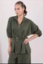 Women's Khaki Pleated Zipper Closure Belt Detail Tunic Elastic Waist Trousers Set - 3