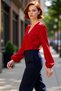 Women's Ecru Double-Breasted Tie Detail V-Neck Balloon Sleeve Woven Blouse for Winter Business Use