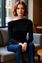 Women's Burgundy Draped Boat Neck Asymmetrical Stretchy Long Sleeve Knitted Blouse Ideal for Everyday Outfits - 2