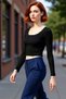 Women's Square Neck Lace Detailed Long Sleeve Crop Knitted Quality Stylish Comfortable Modern Elegant Casual
