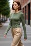 Women's Pink Viscose Ribbed Textured Fitted Crew Neck Long Sleeve Crop Blouse Suitable for Daily Use