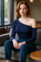 Women's Asymmetrical Neckline Drop Shoulder Fitted Knitted Blouse Long Sleeve Crop Cut Cool Comfort Style Spring - 2