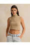 Women Beige Ribbed High Neck T-Shirt