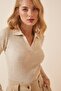 Women's Cream Polo Collar Ribbed Crop Knit Sweater VA00028