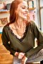 Women's Khaki Collar Lace Knitwear Blouse BLZ-19001605 - 4