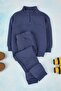 Indigo Pamuklu Düz Dik Yaka Oversize Unisex Çocuk Örme Alt - Üst Takım TKDAW26AU00025 - 2