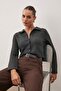 Anthracite Melange Buttoned Polo Neck Crop Stretchy Knitted Blouse Twoaw26Bz00272