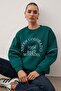 Emerald Green Thick Fleece Inside Slogan Embroidered Oversize Crew Neck Knitted Sweatshirt Twoaw26Sw00078 - 2