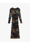 Long Sleeve Crew Neck Drape Detail Long Floral Print Dress - 3