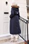 Fur Collar Waist-Tie Coat Navy Blue 19269 - 4
