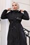 Text Detailed Hooded Coat Black 15900 - 2