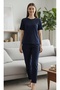 Viscose Knitted Crew Neck Short Sleeve Trousers Pajama Set Plain Navy - 5