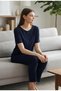 Viscose Knitted Crew Neck Short Sleeve Trousers Pajama Set Plain Navy - 3