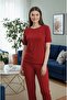 Viscose Knitted Crew Neck Short Sleeve Trousers Pajama Set Plain Claret Red - 2