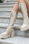 Thick High Heeled Zippered Below-The-Knee Plain Lace-Up Women's Cream Boots - 2