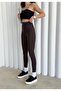 Women's Brown Fleece-Lined High-Waisted Slimming Stretchy Plain Ribbed Winter Leggings - 3