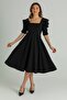 Women's Crepe Fabric Short Sleeve Square Collar Midi Length Black Dress 080 - 7