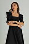 Women's Crepe Fabric Short Sleeve Square Collar Midi Length Black Dress 080 - 5