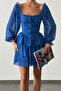Cobalt Blue Tulle Fabric Front Tie Detail Skirt Layered Transparent Long Sleeve Mini Dress 082