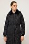 Removable Hooded Collar with Fur Detail Quilted Coat Black 6624 - 3