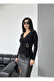 Black Double-Breasted Long Sleeve Sandy Blouse with Buckle - 3
