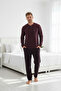 Men's Burgundy Plaid Pattern 3 Button Chest Pocket Cotton Thessaloniki Fabric Winter Long Sleeve Pocketed Pajama Set - 3