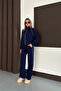 Women's Navy Blue Striped Wide Leg Zippered Modal Fabric Tracksuit Set - 2