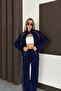 Women's Navy Blue Striped Wide Leg Zippered Modal Fabric Tracksuit Set - 5