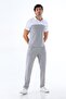Men's Combination Gray Mercerized Fabric Polo Collar Shoulder Striped Short Sleeve T-Shirt, Gray Sweatpants Bottom Top Set - 3