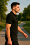 Men's Short Sleeve Zippered Basic Black Polo Neck T-Shirt - 2
