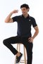 Men's Navy Blue Color American Pique Fabric, Polo Neck Ribbed Sleeve Short Sleeve T-Shirt - 144 - 3