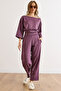 Women's Purple Stitching Detailed Modal Buttoned Top and Bottom Set Tkm-19000449