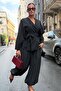 Women's Belt Detailed Blazer Jacket Baggy Trousers Stylish Set - 7
