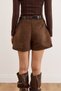 Women's Brown Belted Pleated Suede Shorts Mini Skirt Etk-19000362 - 3
