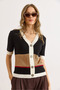 Women's White Black V-Neck Color Block Short Sleeve Knitwear Cardigan Hrk-19000435 - 3