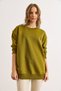 Women's Oil Green Teddy Bear Embroidered Stitching Detailed Fleece-Lined Thick Sweatshirt Swt-19000731 - 3