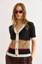 Women's White Black V-Neck Color Block Short Sleeve Knitwear Cardigan Hrk-19000435 - 2