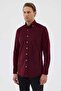 Velvet Collar Buttoned 100% Cotton Comfort Fit Claret Red Men's Shirt - 5