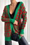 Women's Red Green Square Patterned Long Knit Cardigan 069 - 4