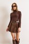 Women's Brown Belted Pleated Suede Shorts Mini Skirt Etk-19000362 - 6