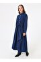 Balloon Skirt Belted Denim Hijab Dress - Dark Blue - - 4