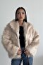 Short Imported Beige Fur Jacket with Front Closure and Collar - 2