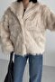 Short Imported Beige Fur Jacket with Front Closure and Collar - 7